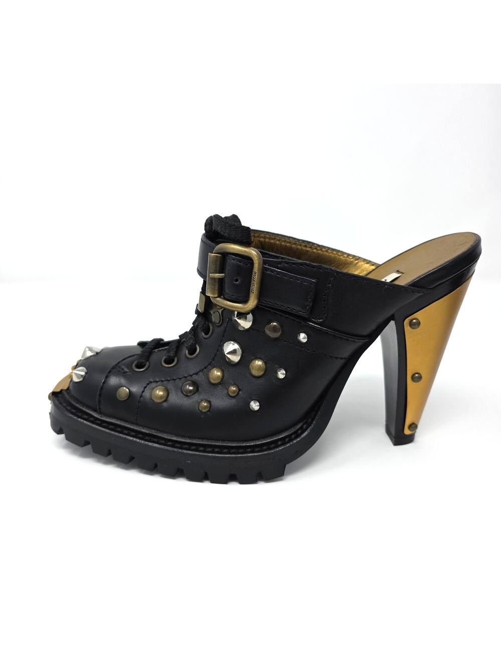 Miu Miu Vintage Studded Platform Mule Clog Heels Black Leather IT 36 US 6